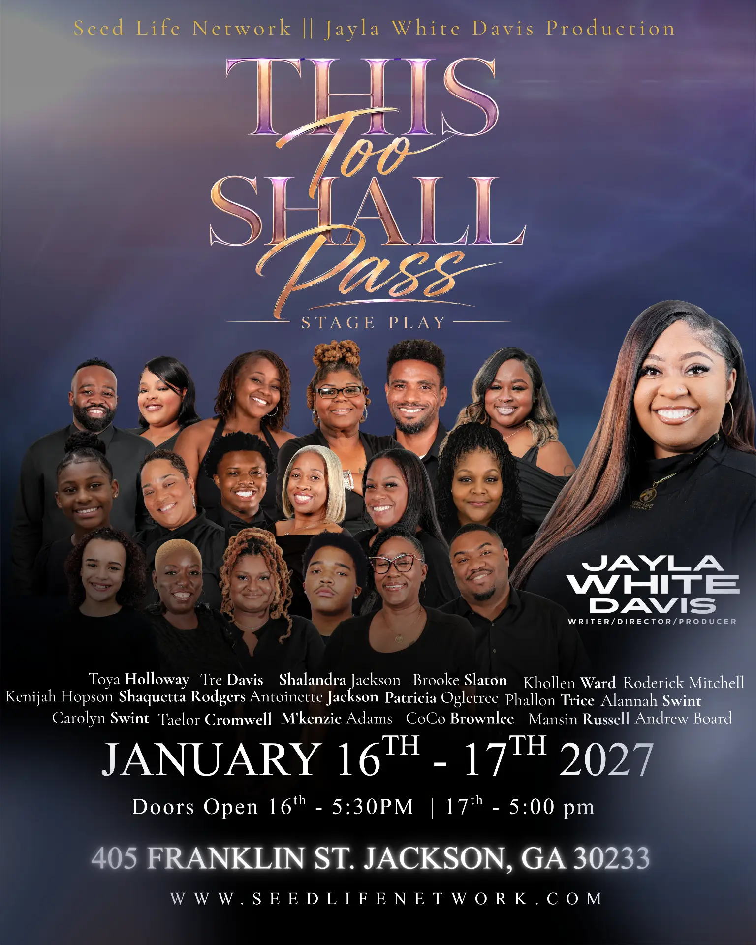 This Too Shall Pass stage play poster — Jayla White Davis, January 16–17, 2027, Jackson, GA